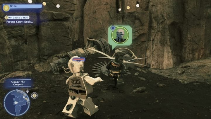 While playing as a protocol droid you must talk to the questgiver in Stalgasin Hive's canyon on Geonosis - LEGO Skywalker Saga: Free Your Mind - walkthrough - Geonosis - UI Stalgasin - LEGO Skywalker Saga Guide