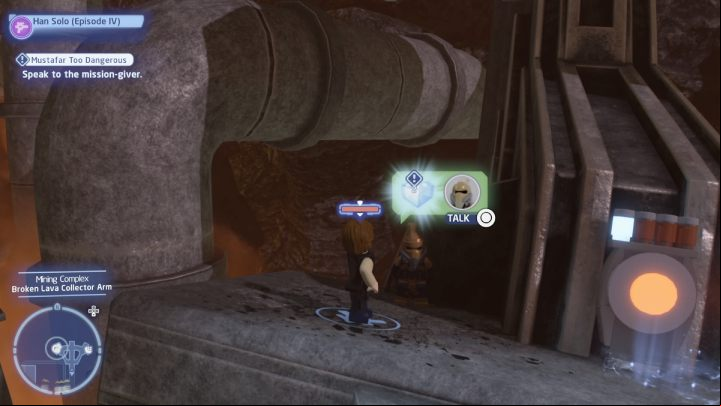 As a scoundrel, talk to the quest giver and accept the mission - LEGO Skywalker Saga: Mustafar Too Dangerous - walkthrough - Mustafar mine complex - LEGO Skywalker Saga Guide