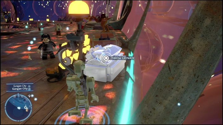 After arriving in Gungan city, you'll immediately spot a chest with a Kyber brick at the taxi stand - LEGO Skywalker Saga: Lake Paonga - list of all puzzles - Naboo - LEGO Skywalker Saga Guide