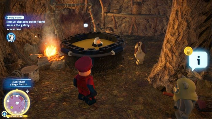 The porg is in a pot of soup in one of the huts in the center of the village - LEGO Skywalker Saga: Porg Patrol - walkthrough - Challenges - LEGO Skywalker Saga Guide