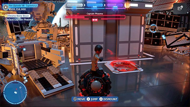 Under the ledge where Phasma is located, you'll find a sphere (screenshot 1) Jump on it and drive it to the nearby slot (screenshot 2) Captain Phasma will take damage again, and thus begins phase 2 of the encounter - LEGO Skywalker Saga: Captain Phasma, Episode 8 - boss, how to defeat? - Bosses - LEGO Skywalker Saga Guide