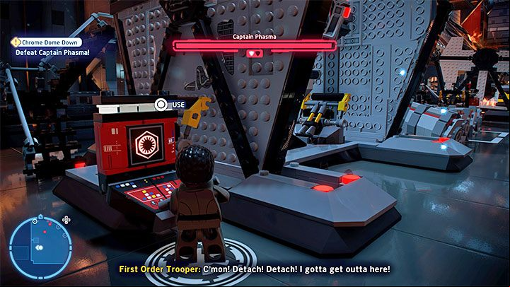 First, run to the left and, playing as Finn, interact with the red terminal shown in the picture - LEGO Skywalker Saga: Captain Phasma, Episode 8 - boss, how to defeat? - Bosses - LEGO Skywalker Saga Guide