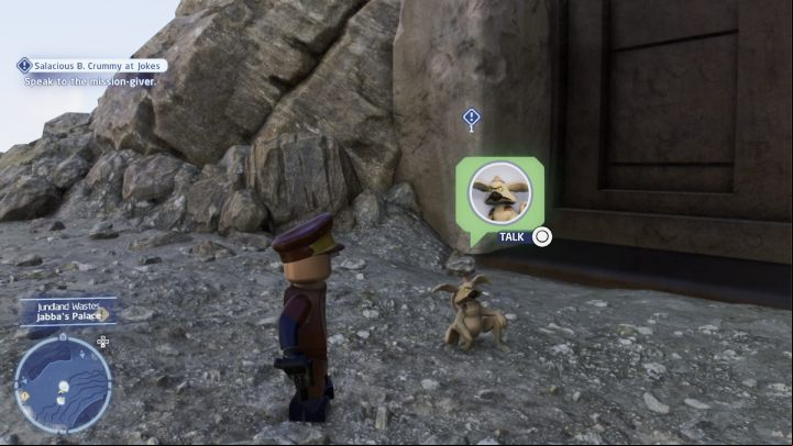 Accept the quest from the quest giver found near Jabba's Palace on Jundland and travel to Mos Eisley on Tatooine - LEGO Skywalker Saga: Salacious B. Crummy at Jokes - walkthrough - Tatooine - the desert of Jundland - LEGO Skywalker Saga Guide