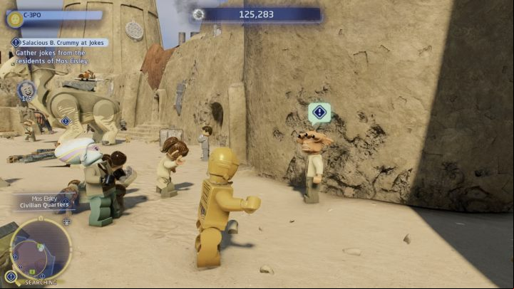 The next person telling the joke is at the stalls - LEGO Skywalker Saga: Salacious B. Crummy at Jokes - walkthrough - Tatooine - the desert of Jundland - LEGO Skywalker Saga Guide