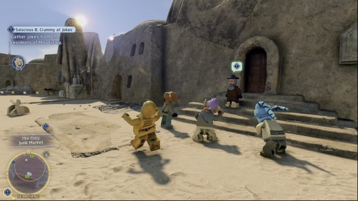 The fourth person to tell the joke will be the woman standing on the stairs near the market - LEGO Skywalker Saga: Salacious B. Crummy at Jokes - walkthrough - Tatooine - the desert of Jundland - LEGO Skywalker Saga Guide