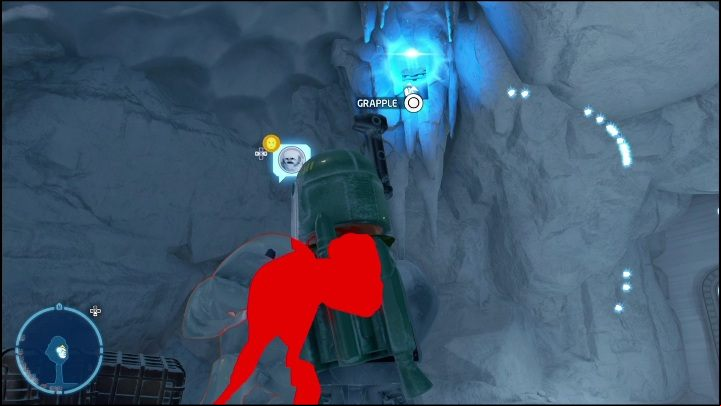 Finally, you must select a character with a grappling hook, such as a Bounty Hunter, destroy the ice in the upper-left corner of the room and grapple up to the bar to get the collectible - LEGO Skywalker Saga: Echo Base - list of all puzzles - Hoth - LEGO Skywalker Saga Guide