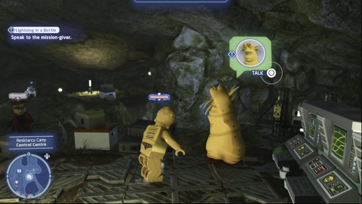 As the Protocol Droid, talk to the questgiver and accept the task - LEGO Skywalker Saga: Lightning in a Bottle - walkthrough - Ajan Kloss - resistance camp - LEGO Skywalker Saga Guide