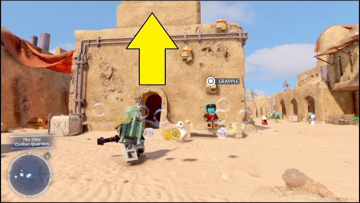This brick is locked in a crate on the top of the building - LEGO Star Wars The Skywalker Saga: Mos Eisley - list of all puzzles - Tatooine - LEGO Skywalker Saga Guide