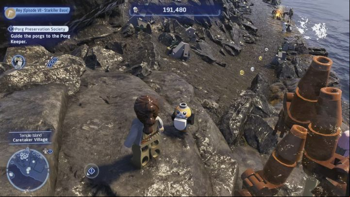 Finally, go to 5 different locations; you will find a porg in each of them - LEGO Skywalker Saga: Porg Preservation Society - walkthrough - Ahch-To - Island with a temple - LEGO Skywalker Saga Guide