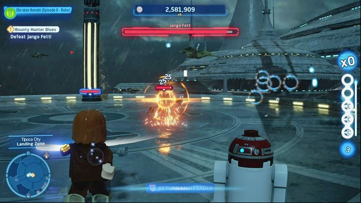 The first battle against Jango Fett will take place at the landing site, where he is treated as a mini-boss, so you shouldn't expect the fight to be long or especially challenging - LEGO Skywalker Saga: The Hunt for Jango - walkthrough - Episode 2 - Attack of the Clones - LEGO Skywalker Saga Guide