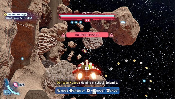 During this battle, you have to react to notifications about incoming rockets (example in the screenshot) - LEGO Skywalker Saga: The Hunt for Jango - walkthrough - Episode 2 - Attack of the Clones - LEGO Skywalker Saga Guide