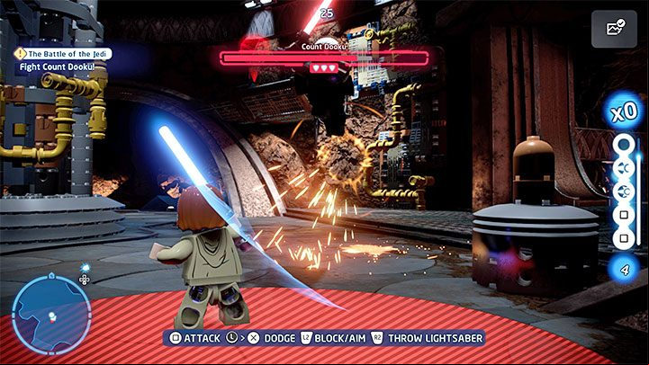 React to Dooku's powerful attacks which are signaled with red lines and circles - LEGO Skywalker Saga: The Battle of the Jedi - walkthrough - Episode 2 - Attack of the Clones - LEGO Skywalker Saga Guide