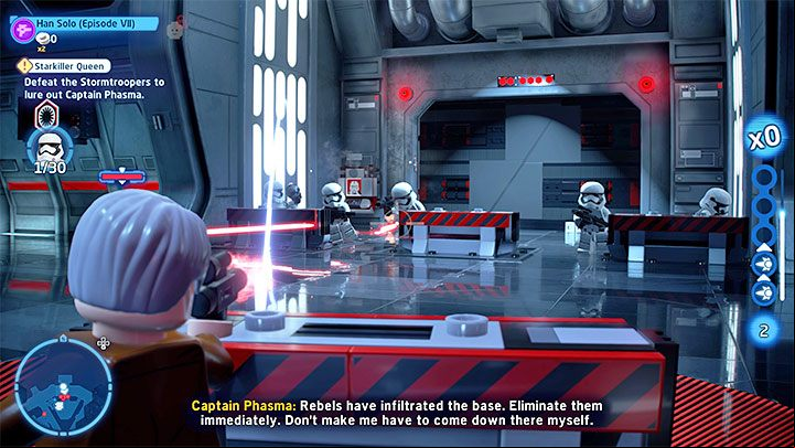During the battle, you can take advantage of cover, but stay away from it if you notice grenades flying towards you - LEGO Skywalker Saga: Starkiller Queen - walkthrough - Episode 7 - The Force Awakens - LEGO Skywalker Saga Guide