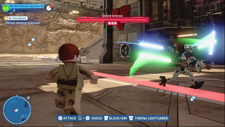 Just like other bosses, Grievous has access to some powerful attacks signaled with red lines and circles - LEGO Skywalker Saga: General Grievous - boss, how to beat? - Bosses - LEGO Skywalker Saga Guide
