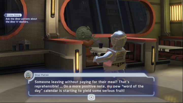 Before talking to the Rodian you must select a protocol droid character, as they know all languages and dialects - LEGO Skywalker Saga: Crime Dining - walkthrough - Coruscant - Uscru district - LEGO Skywalker Saga Guide