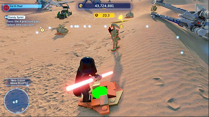 Destroy small objects in the area to reveal 4 pressure plates - LEGO Skywalker Saga: Niima Outpost - list of all puzzles - Jakku - LEGO Skywalker Saga Guide