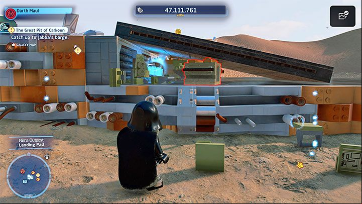 Destroy the bricks under the landing ramp and you will reveal the secret shown in the picture - LEGO Skywalker Saga: Niima Outpost - list of all puzzles - Jakku - LEGO Skywalker Saga Guide