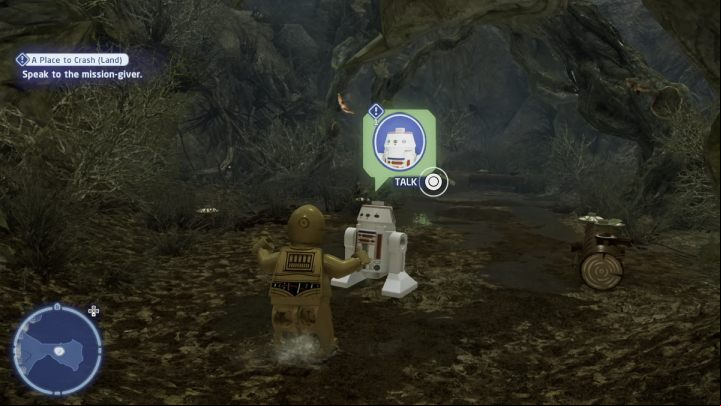 While controlling the protocol droid, talk to the NPC in the dragon-snake swamp on the planet Dagobah - LEGO Skywalker Saga: A Place to Crash Land - walkthrough - Dagobah - Dragonlance Swamp - LEGO Skywalker Saga Guide