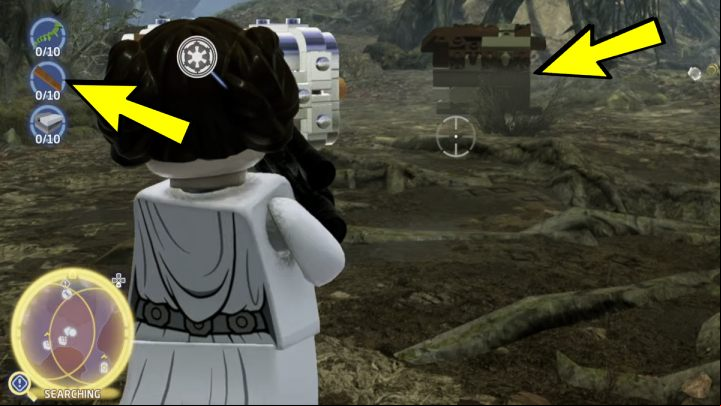 You will find the boards after shooting down the bricks resembling brown and green boxes - LEGO Skywalker Saga: A Place to Crash Land - walkthrough - Dagobah - Dragonlance Swamp - LEGO Skywalker Saga Guide