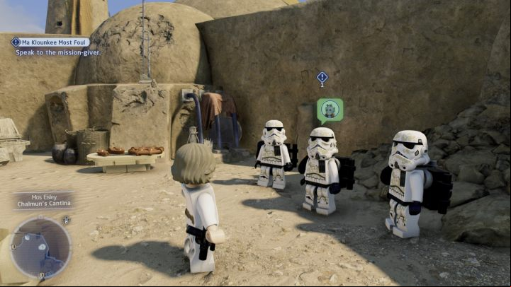 Accept the task from the Stormtrooper standing at the Mos Eisley Canteen - LEGO Skywalker Saga: Ma Klounkee Most Foul - walkthrough, description - Tatooine - Mos Eisley - LEGO Skywalker Saga Guide