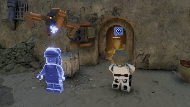 The first witness will be in the house near the stormtrooper who tasked you with the investigation - LEGO Skywalker Saga: Ma Klounkee Most Foul - walkthrough, description - Tatooine - Mos Eisley - LEGO Skywalker Saga Guide
