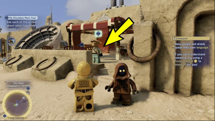 The next witness will be standing by the trampoline - LEGO Skywalker Saga: Ma Klounkee Most Foul - walkthrough, description - Tatooine - Mos Eisley - LEGO Skywalker Saga Guide