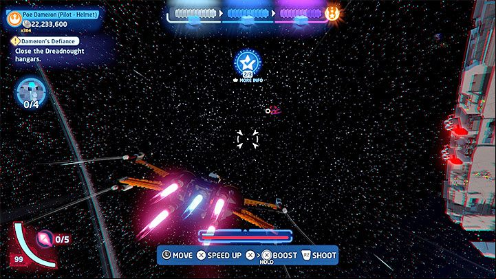 When piloting spaceships, you must, for a change, monitor the energy bars visible at the bottom of the screen - LEGO Skywalker Saga: Death - respawn spot and losing studs - Basics - LEGO Skywalker Saga Guide