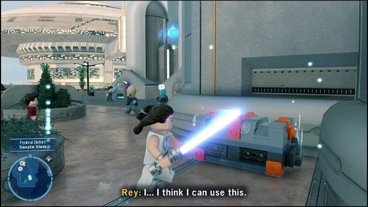 This collectible is hanging between two metal objects - LEGO Skywalker Saga: Federal District - list of puzzles - Coruscant - LEGO Skywalker Saga Guide