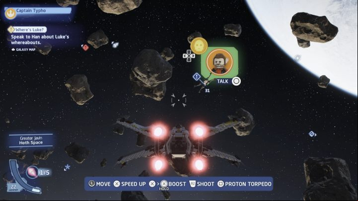 Enter Hoth's local space and talk to the pilot while playing as a protocol droid - LEGO Skywalker Saga: A Run for Nunb - walkthrough - Hoth - local space - LEGO Skywalker Saga Guide