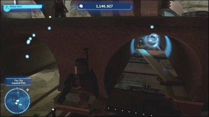 This brick is under a bridge, hovering over a small wooden plank - LEGO Skywalker Saga: Pau City - list of all puzzles - Utapau - LEGO Skywalker Saga Guide