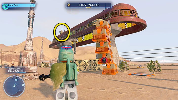 The wandering Wookiee is standing on top of the large pen structure shown in the screenshot above - LEGO Skywalker Saga: Wheres the Wookiee? - list of all (part 1) - Challenges - LEGO Skywalker Saga Guide