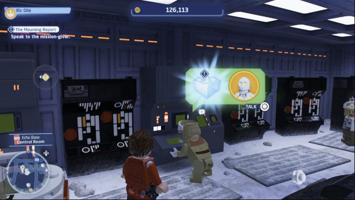 Talk to the quest giver in Echo Base's control room - LEGO Skywalker Saga: The Mourning Report - walkthrough - Hoth - Echo base - LEGO Skywalker Saga Guide