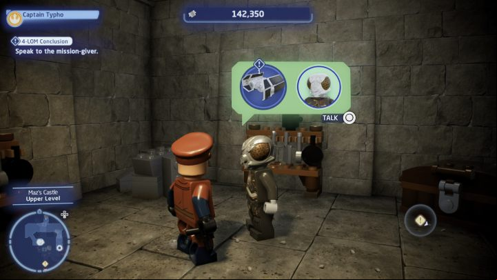 Talk to the quest giver on the upper level of Maz's Castle and accept the quest - LEGO Skywalker Saga: 4-LOM Conclusion - walkthrough - Takodana - Maz Castle - LEGO Skywalker Saga Guide