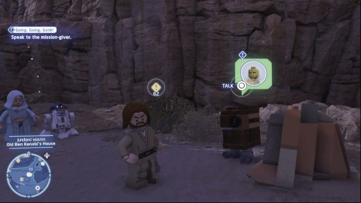 Talk to the quest giver in the desert and accept the task - LEGO Skywalker Saga: Going, Going, Gonk - walkthrough - Tatooine - the desert of Jundland - LEGO Skywalker Saga Guide