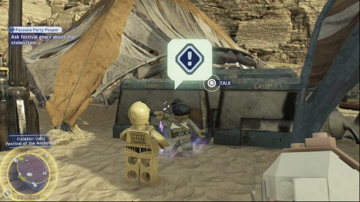 Then talk to the woman who is dancing by the tents - LEGO Skywalker Saga: Pasaana Party Pooper - walkthrough - Pasaana - Forbidden Valley - LEGO Skywalker Saga Guide