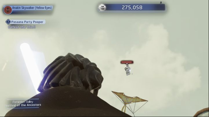 When the thief escapes, run after them and shoot them down - LEGO Skywalker Saga: Pasaana Party Pooper - walkthrough - Pasaana - Forbidden Valley - LEGO Skywalker Saga Guide