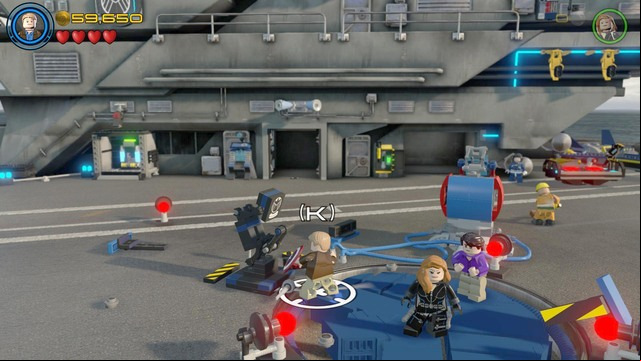 Once the vehicle lands, take control of Rogers and go to the blue platform in the middle of the helicarrier - Shakespeare in the Park - Walkthrough - LEGO Marvels Avengers - Game Guide and Walkthrough