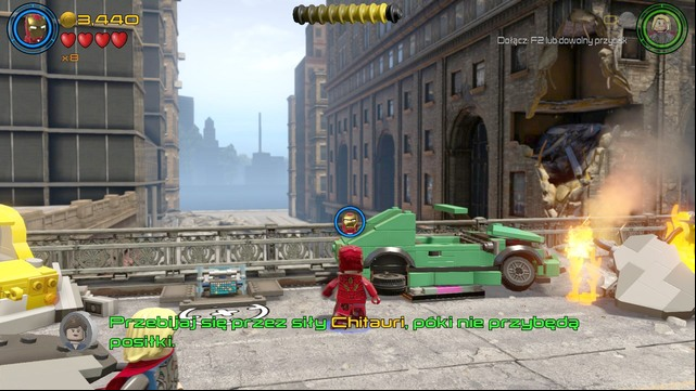 During the action on the bridge you must walk to the green car shown on the picture and destroy it - Minikits - Avengers Assemble - secrets - LEGO Marvels Avengers - Game Guide and Walkthrough