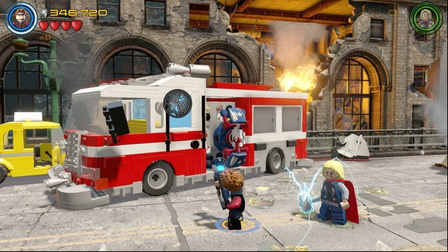 Walk towards the fire truck as Hawkeye and shoot the glass shown on the picture - Characters - Avengers Assemble - secrets - LEGO Marvels Avengers - Game Guide and Walkthrough