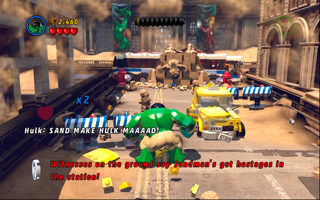 Beginning of the stage is pretty simple - destroy all obstacles standing on your way and then reach the wall with two hydrants on both sides of the street - Sand Central Station | Walkthrough - Walkthrough - LEGO Marvel Super Heroes Game Guide & Walkthrough