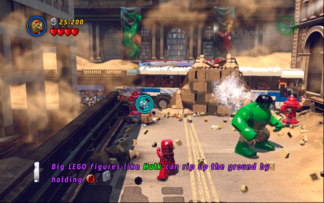 When you reach to the place with red hydrants, use Iron Mans ability to shoot at the silver valves (notice that only characters with missile attack can destroy silver bricks - Sand Central Station | Walkthrough - Walkthrough - LEGO Marvel Super Heroes Game Guide & Walkthrough