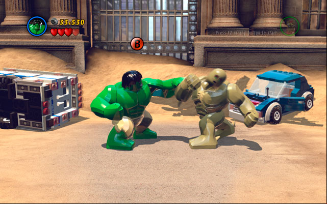 Duel is very easy - constantly mash attack button and when characters change their position, hit interaction button as fast as you can - Sand Central Station | Walkthrough - Walkthrough - LEGO Marvel Super Heroes Game Guide & Walkthrough