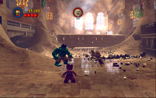 When you move further, you will face a train with 21 sand creeps on it - Sand Central Station | Walkthrough - Walkthrough - LEGO Marvel Super Heroes Game Guide & Walkthrough