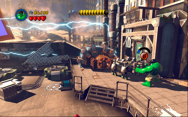 When satellite goes down and turn into pieces, build another device with green handles from adjacent debris - Sand Central Station | Walkthrough - Walkthrough - LEGO Marvel Super Heroes Game Guide & Walkthrough