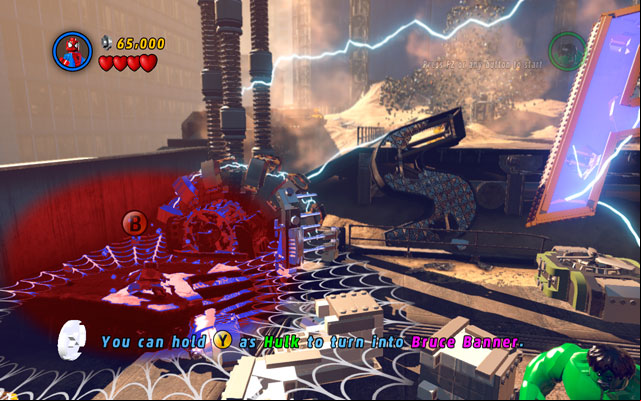 Turn yourself into Iron Man and destroy silver barriers on the left - Sand Central Station | Walkthrough - Walkthrough - LEGO Marvel Super Heroes Game Guide & Walkthrough