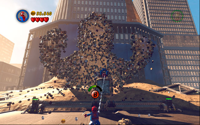 When both switches are turned on, stand face-to-face with huge Sandman and use spider sense - Sand Central Station | Walkthrough - Walkthrough - LEGO Marvel Super Heroes Game Guide & Walkthrough