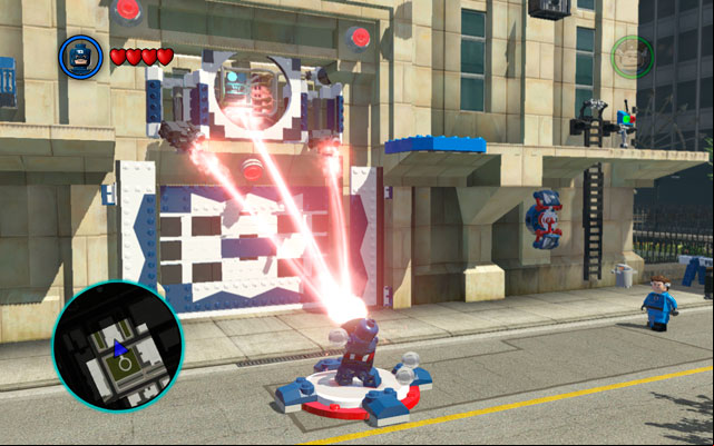 Move to the safe area and use Captains shield to defend yourself (interaction button) - S.H.I.E.L.D. Helicarrier / Baxter Building | Walkthrough - Walkthrough - LEGO Marvel Super Heroes Game Guide & Walkthrough