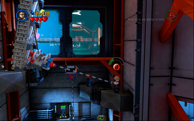 Choose Hawkeye and shoot an arrow at the silver vent at the top of the location - you will create a rope-age for other characters - Exploratory Laboratory | Walkthrough - Walkthrough - LEGO Marvel Super Heroes Game Guide & Walkthrough
