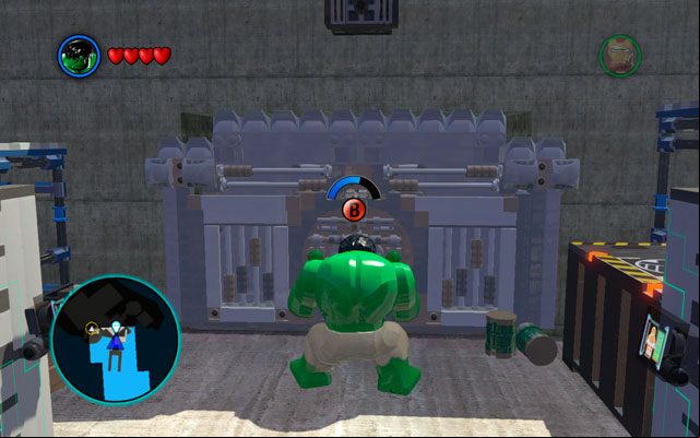 Being on the Raft, approach to the entrance and use Hulks extraordinary strength to yank the green handles - New York - part 1 | Walkthrough - Walkthrough - LEGO Marvel Super Heroes Game Guide & Walkthrough