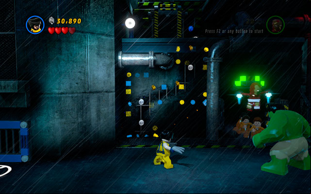 Switch to Hulk and go to the left, yanking two green handles - Rock Up at the Lock Up | Walkthrough - Walkthrough - LEGO Marvel Super Heroes Game Guide & Walkthrough
